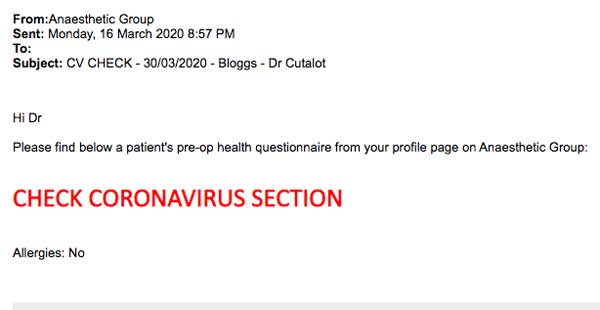 Novel coronavirus COVID-19 Anaesthetist screening Pre-Op Questionnaire