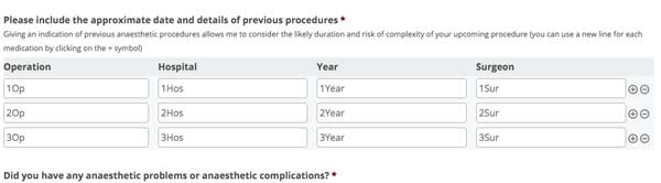 Pre-Op Health Questionnaire anaesthetist patient previous surgeries list