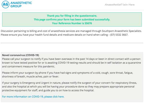 Coronavirus (COVID-19) anaesthetist pre-op health questionnaire