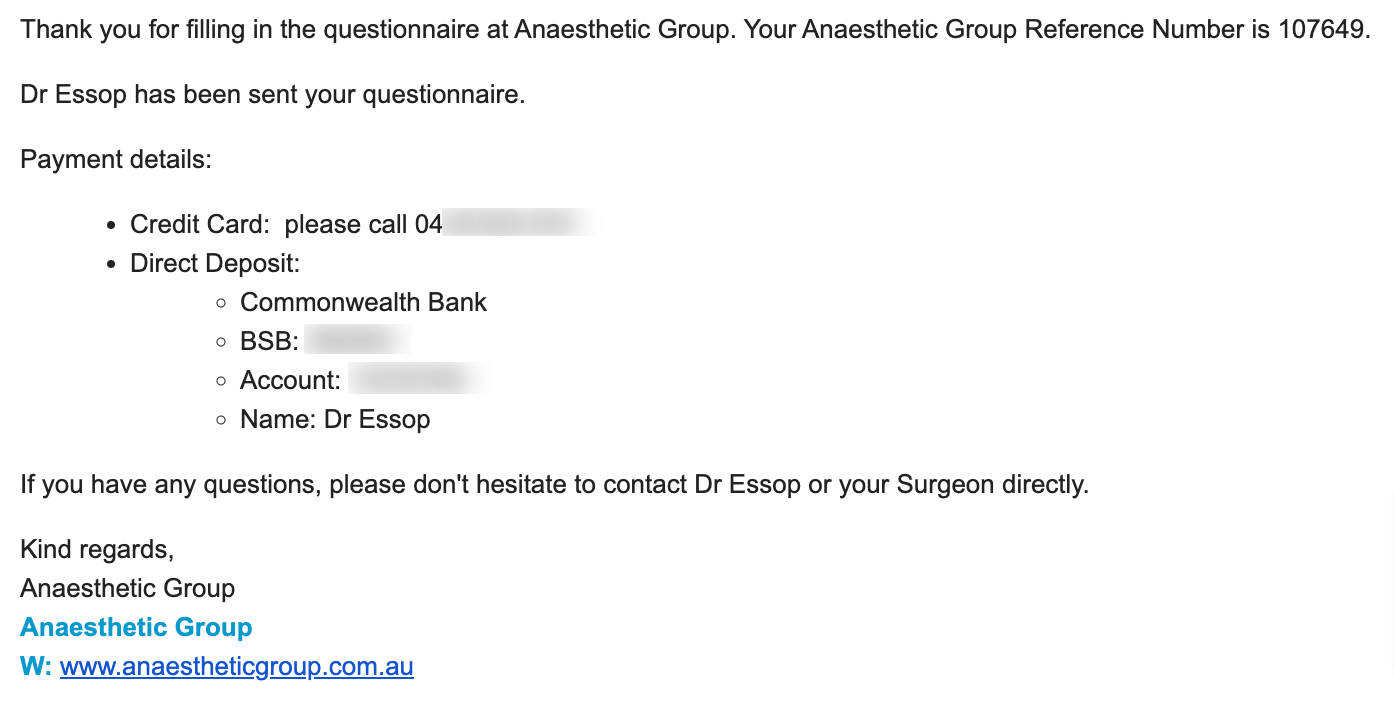 Pre-Op Health Questionnaire anaesthetist medicare
