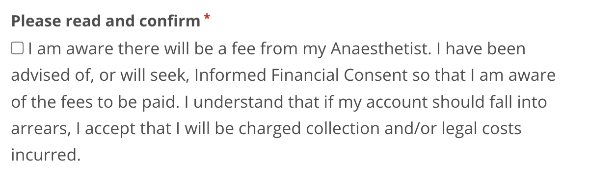 Debt collection anaesthetist fees on Preoperative Assessment form